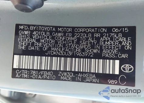 2015 Toyota Prius Two z USA, uszkodzony, nr VIN JTDKN3DU3F1963972